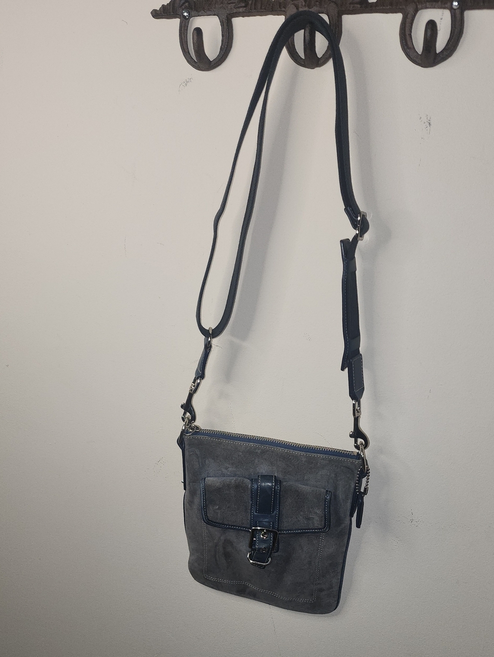 Coach Suede Crossbody Bag Buckle Gray Blue Style 4745 - Picture 3 of 16
